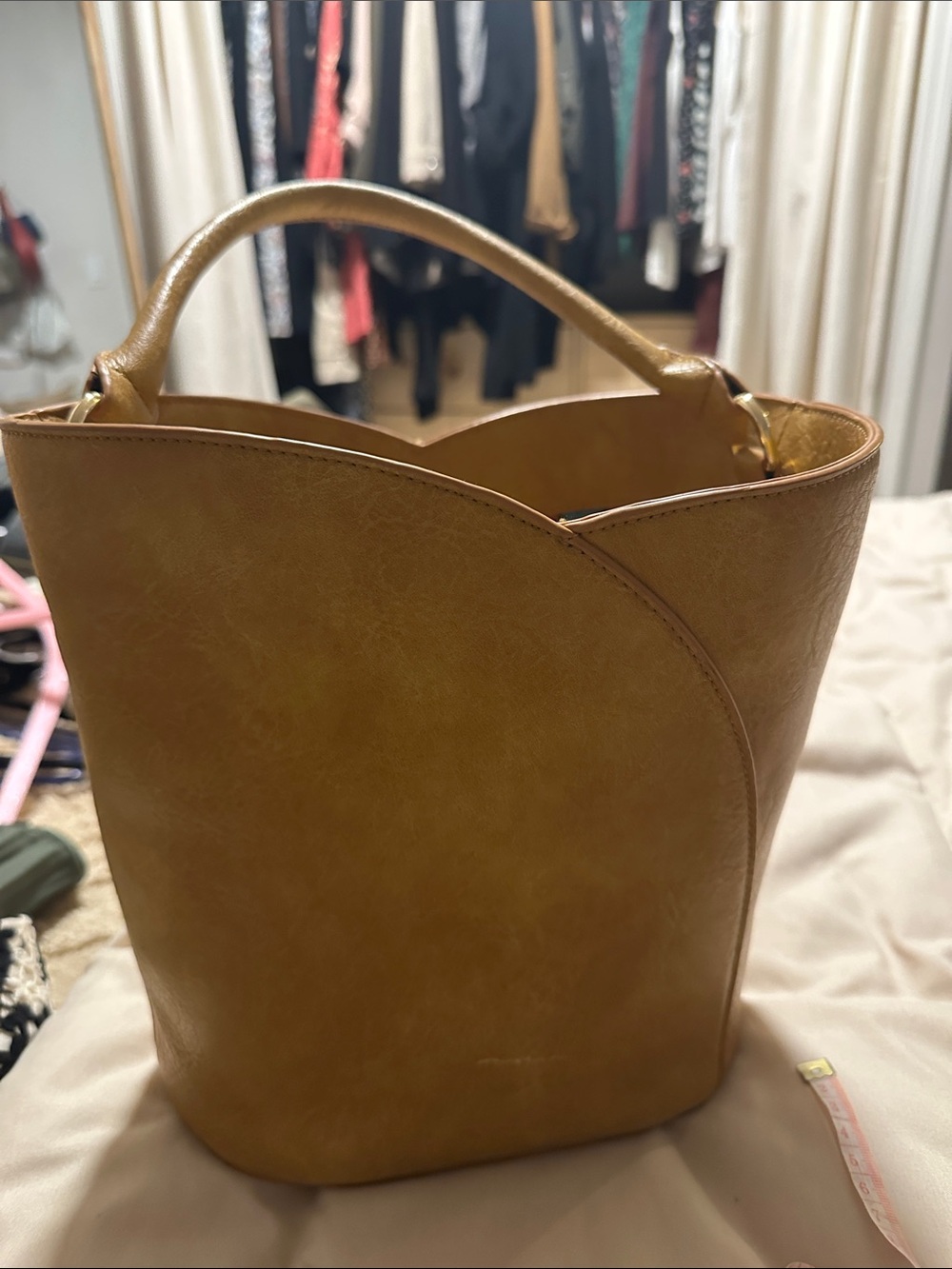 Curved-Top Shoulder Tote in Tan Faux-Leather